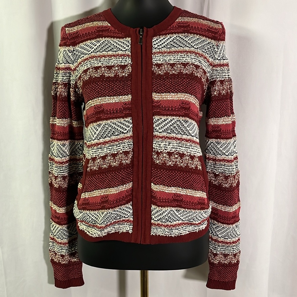 NWT LOFT Red Printed Stripe Knit Zip Front Cardigan